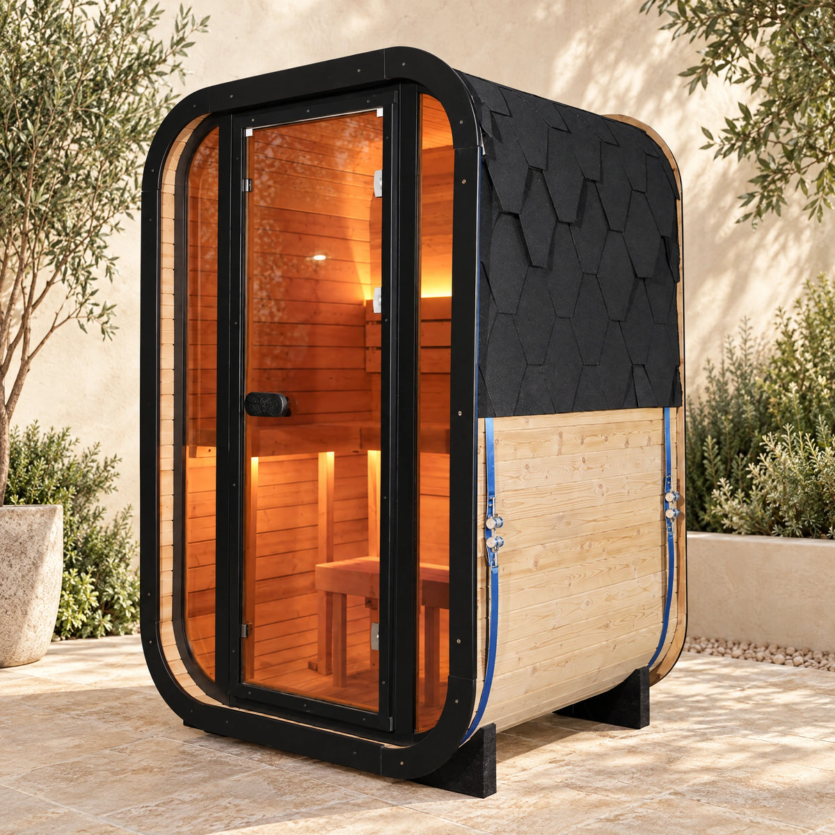 Alternate view of the compact sauna showing its dark upper covering, timber lower shell and glass entrance.