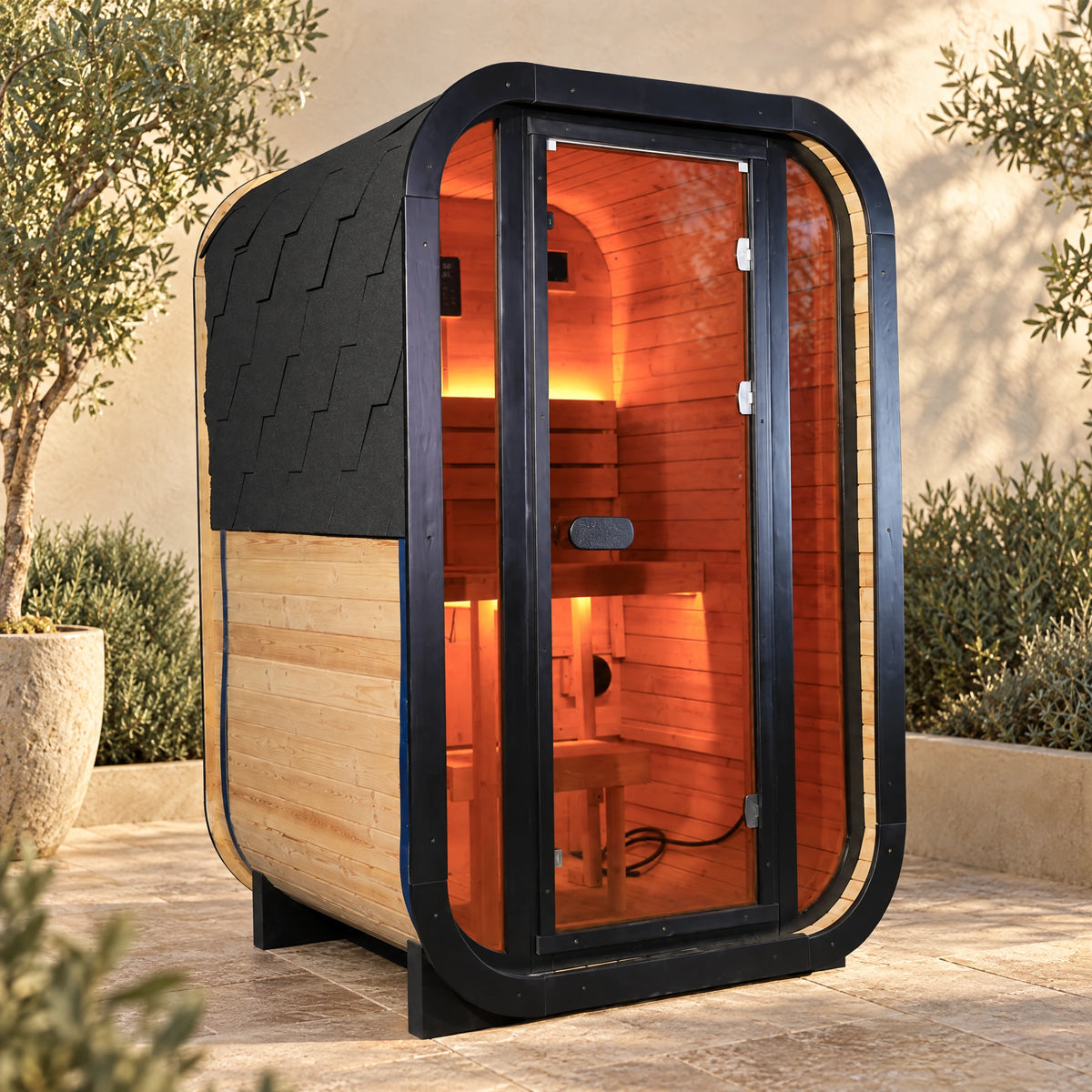 Compact carbonized spruce sauna with dark rounded framing and a glazed entrance on a warm stone terrace.