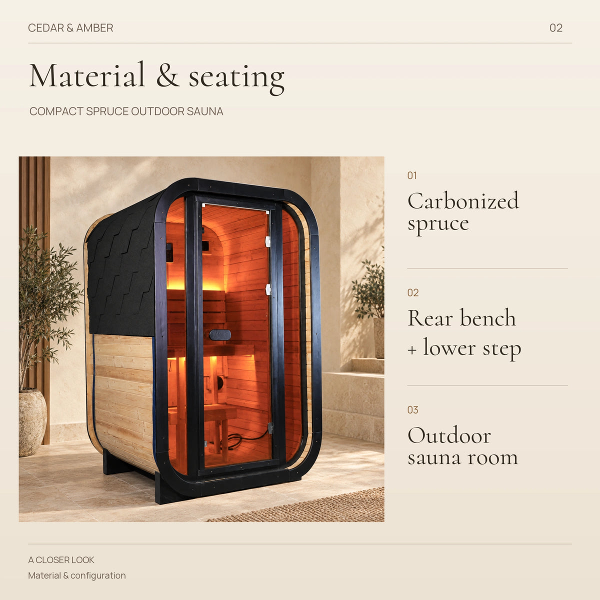 Configuration overview: carbonized spruce, rear bench with lower step and outdoor sauna room.
