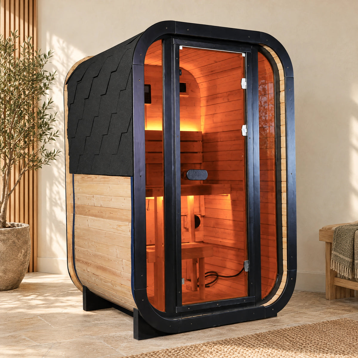Daylight main view of the compact spruce outdoor sauna with dark framing and a closed glass door.