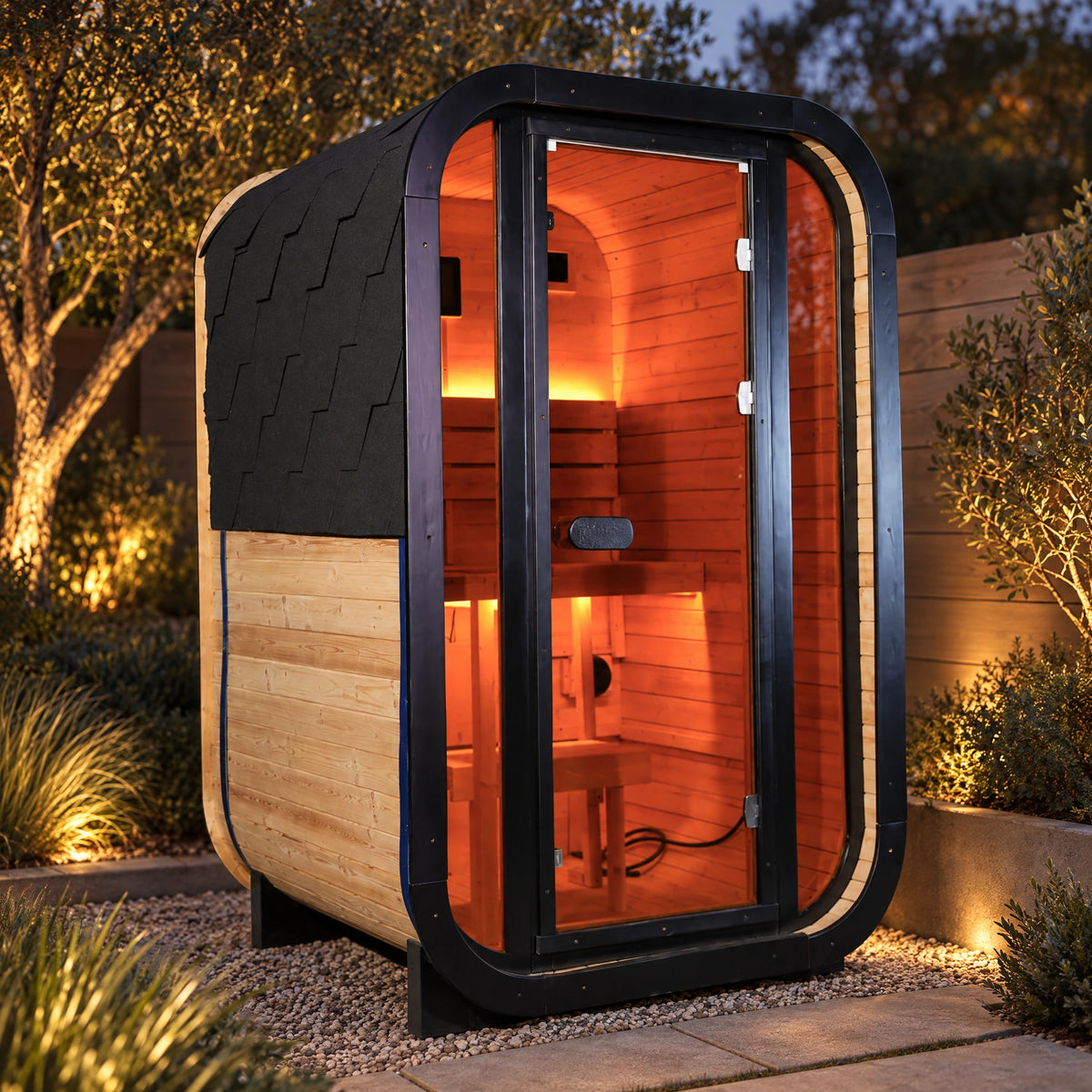 Evening main view of the compact sauna with warm light visible through its glass entrance.