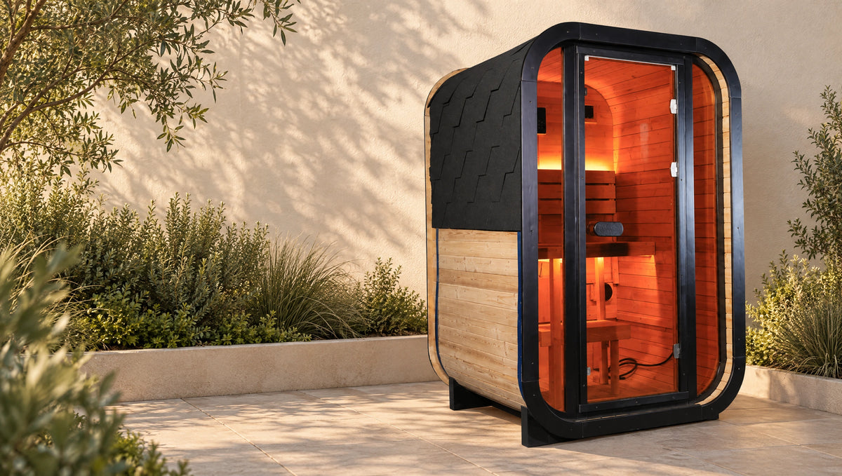 Compact spruce sauna beside a warm stone approach and a quiet garden wall.