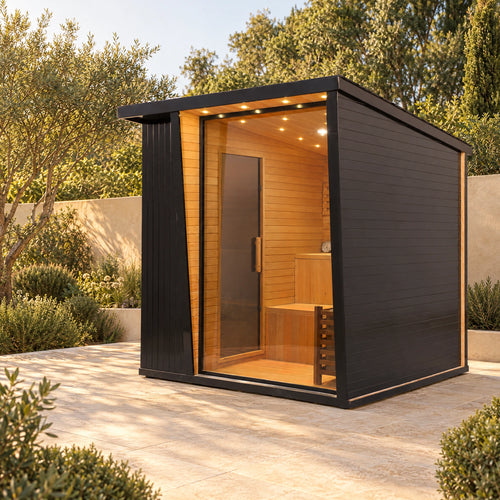 Alternate view of the dark sauna showing the glazed front and solid horizontal-clad side.