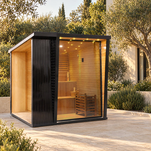 Dark outdoor sauna with broad front glazing and a sheltered timber-lined side entrance.