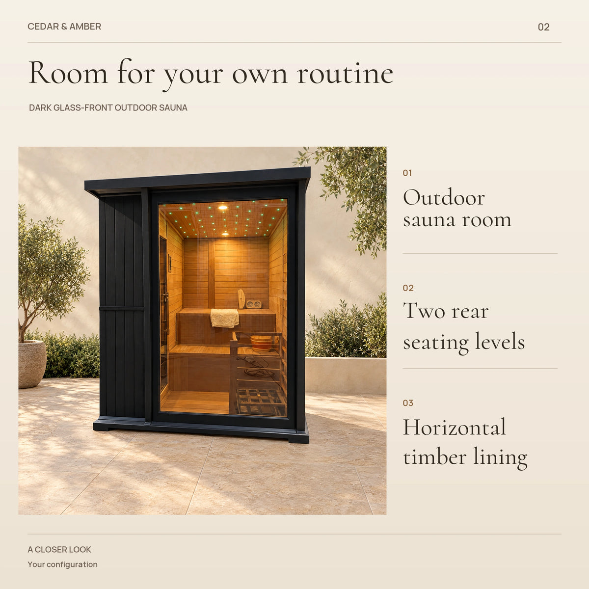 Configuration overview lists an outdoor sauna room, two rear seating levels and horizontal timber wall lining.