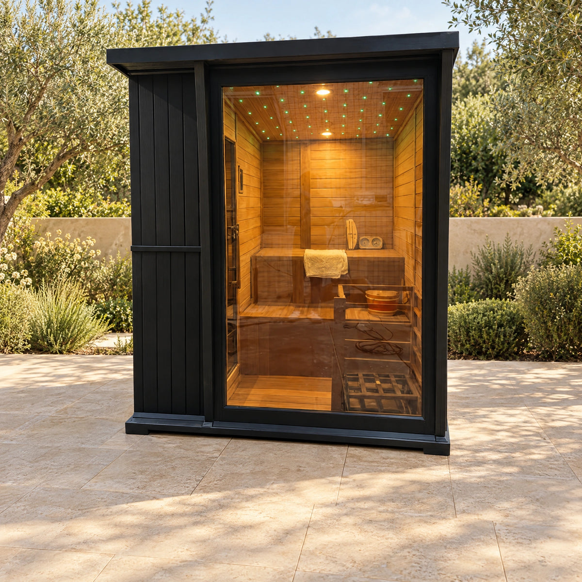 Near-frontal daylight view of the dark sauna with its broad glazed facade.
