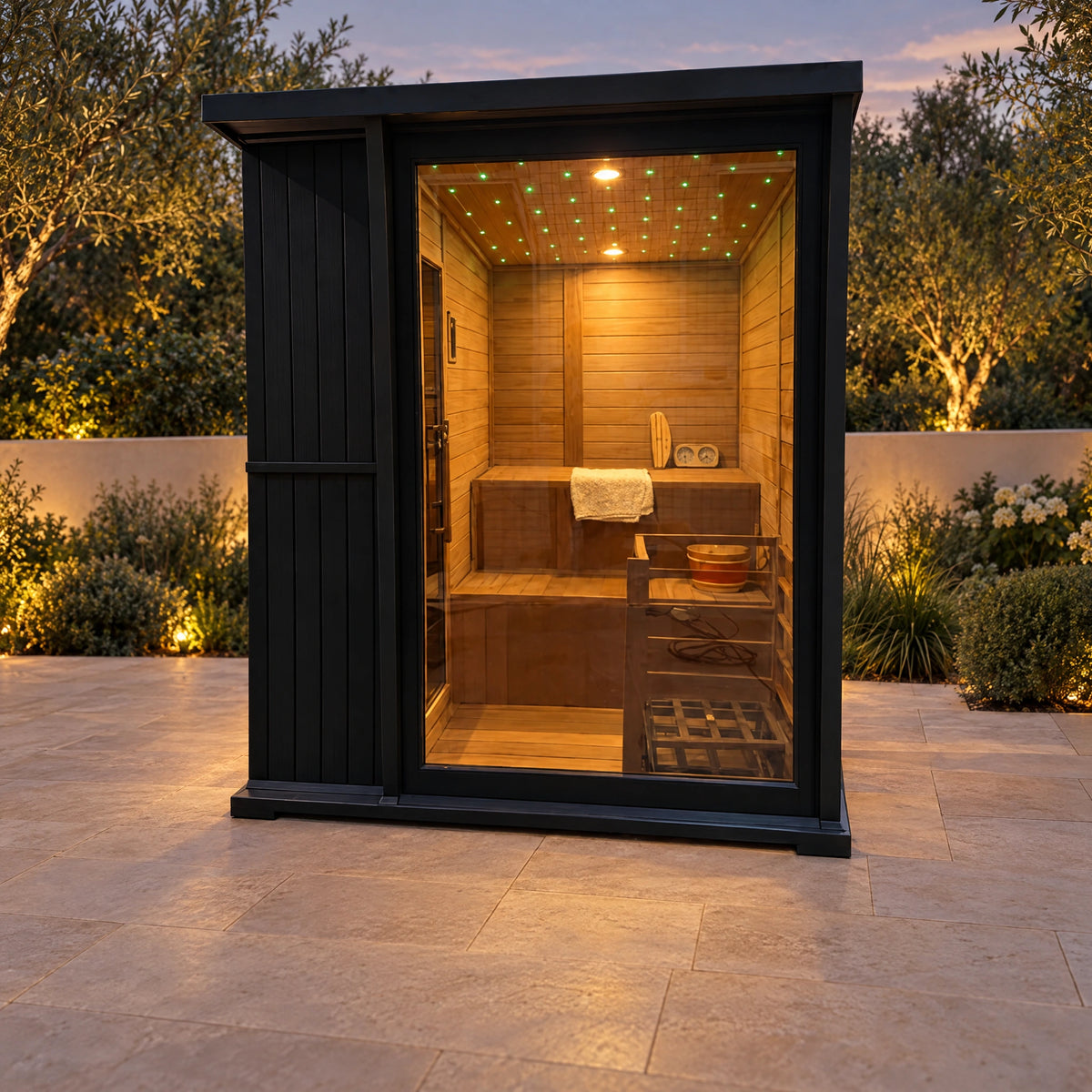 The same glazed sauna facade in early evening with a warm interior glow.