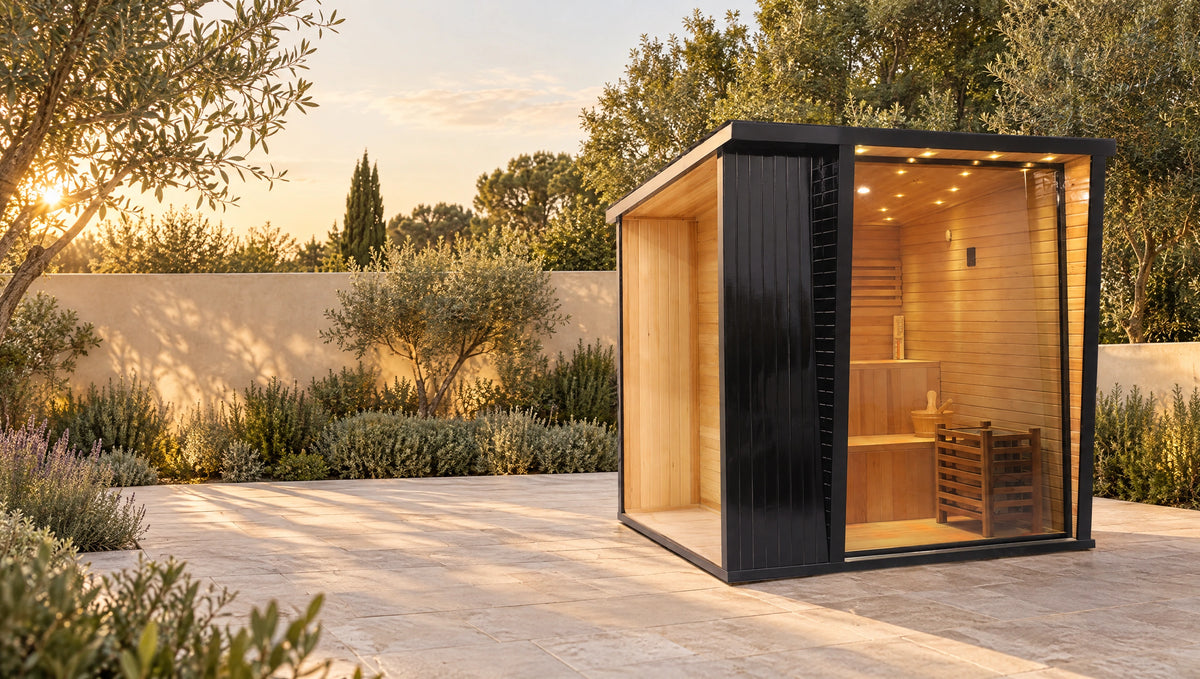 Dark glazed sauna in a quiet stone garden setting with a sheltered side approach.