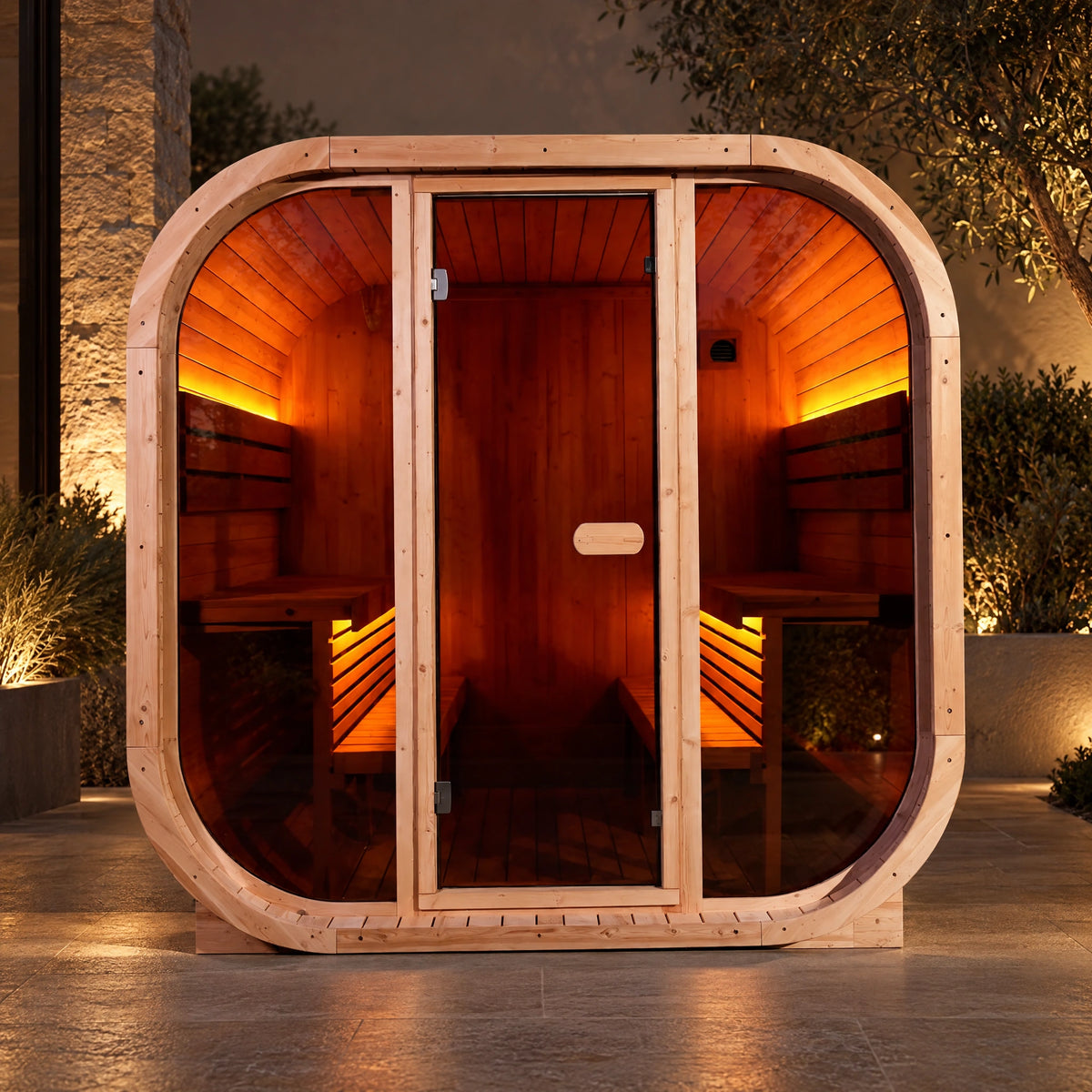 Evening front view of the spruce sauna with warm bands of light along its opposing side seating.