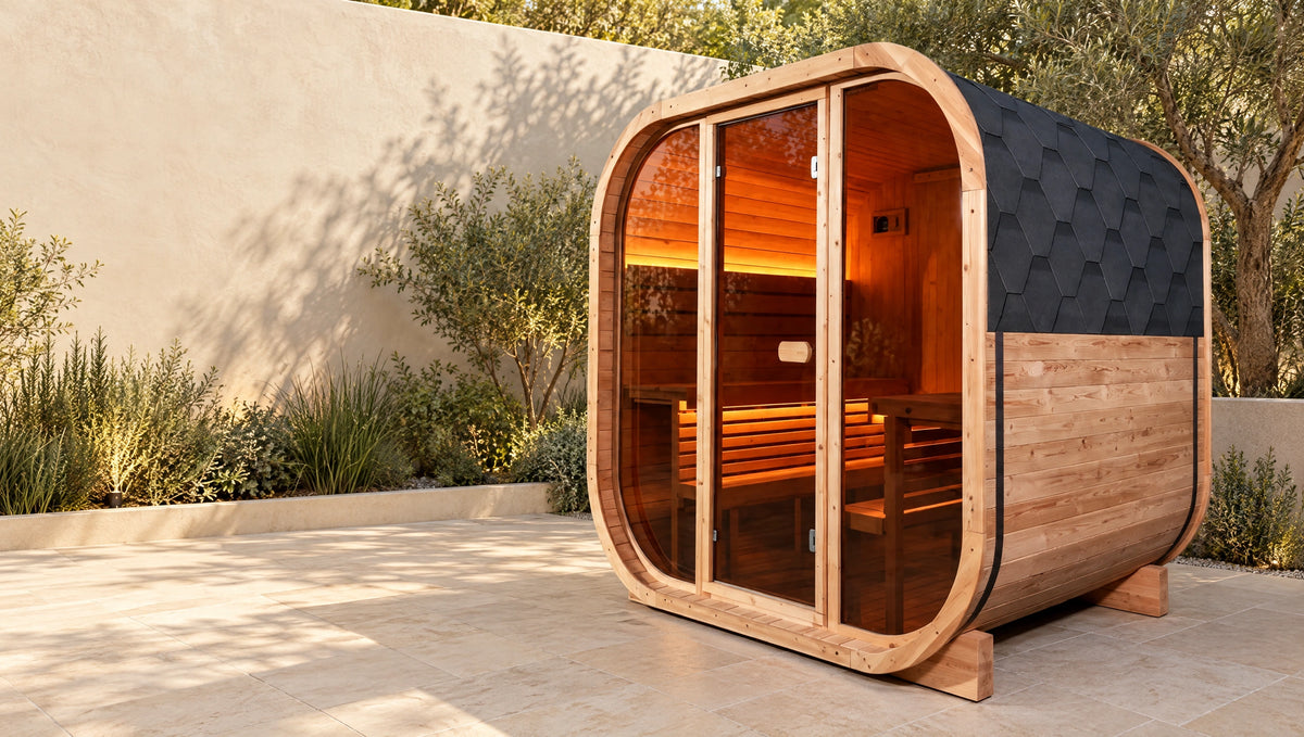 Spruce glass-front sauna in a restrained stone garden court with room around its full silhouette.