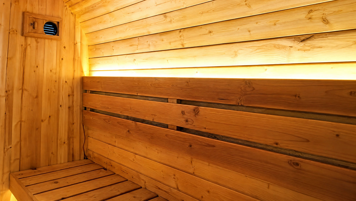 Wide detail of the spruce side bench, backrest and existing warm light band.