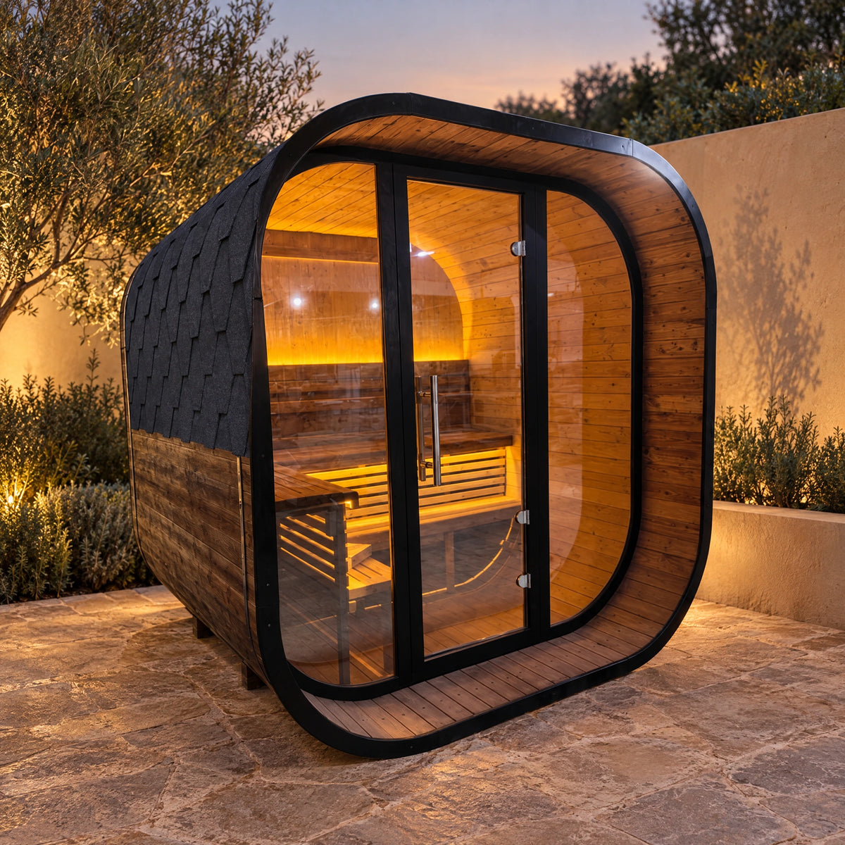 Front-left view of the outdoor sauna with a dark curved shell, glazed front and recessed timber entrance.