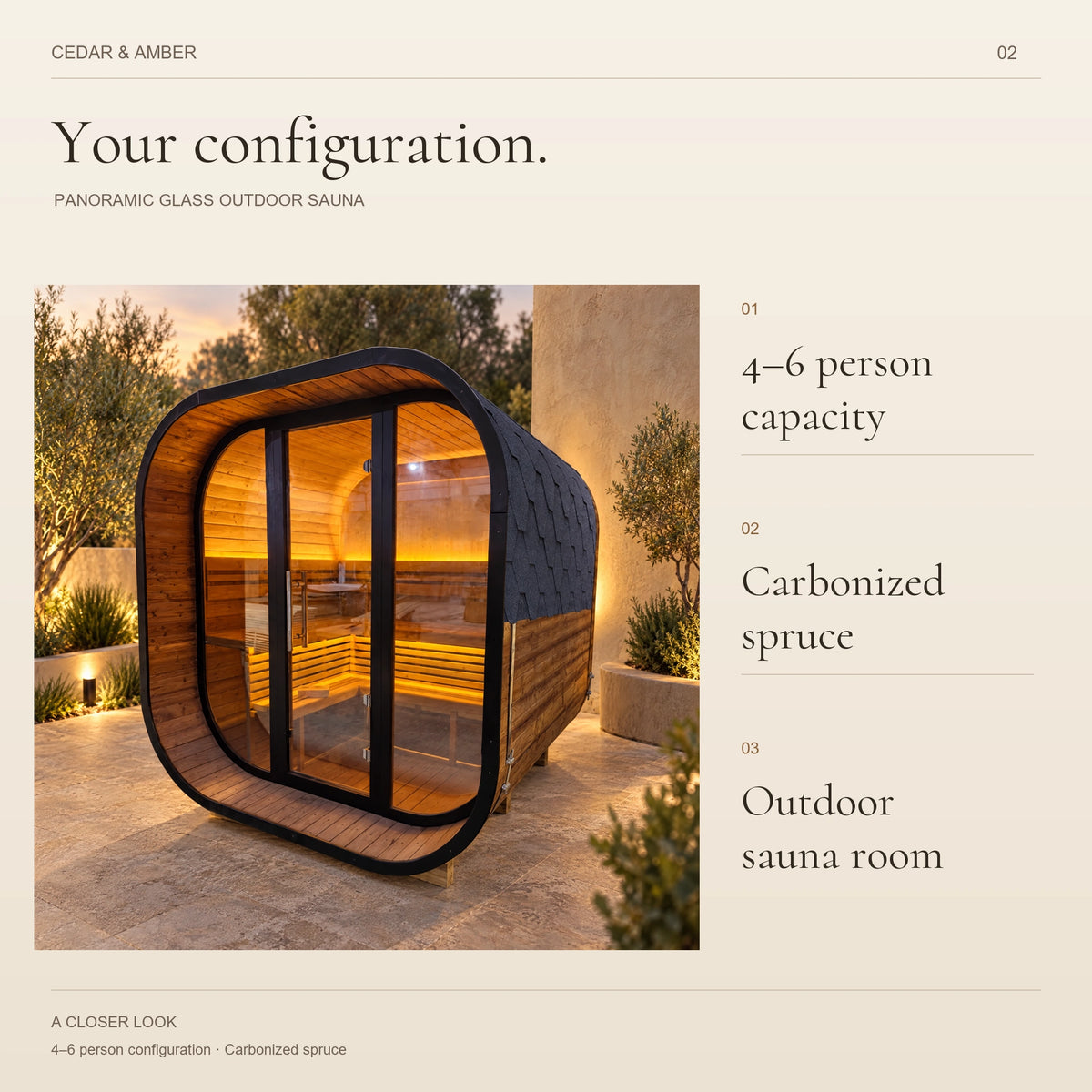 Configuration overview: outdoor sauna room, 4-6 person capacity and carbonized spruce.