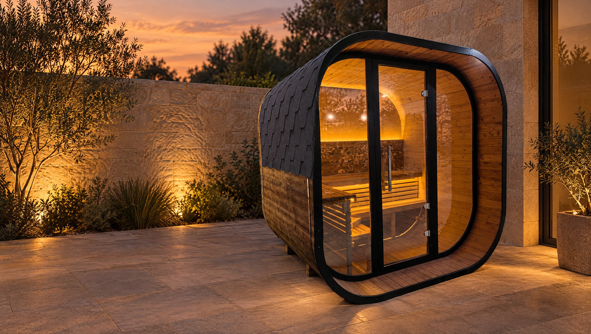 Front-left view of the outdoor sauna showing the complete curved shell and recessed timber entrance.