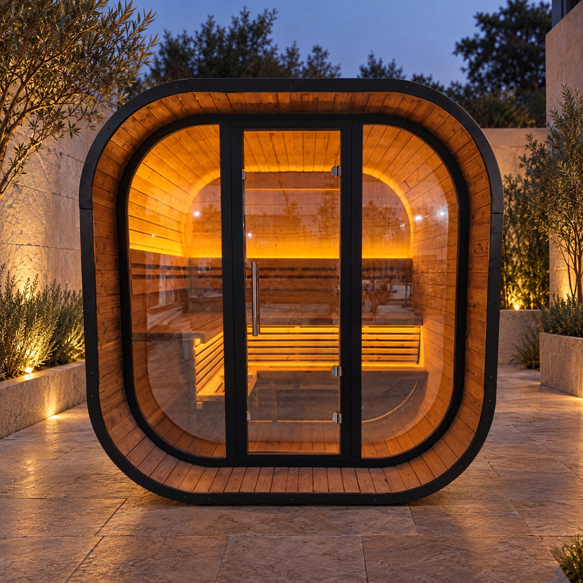 Front view of the outdoor sauna with warm light visible through the glass.