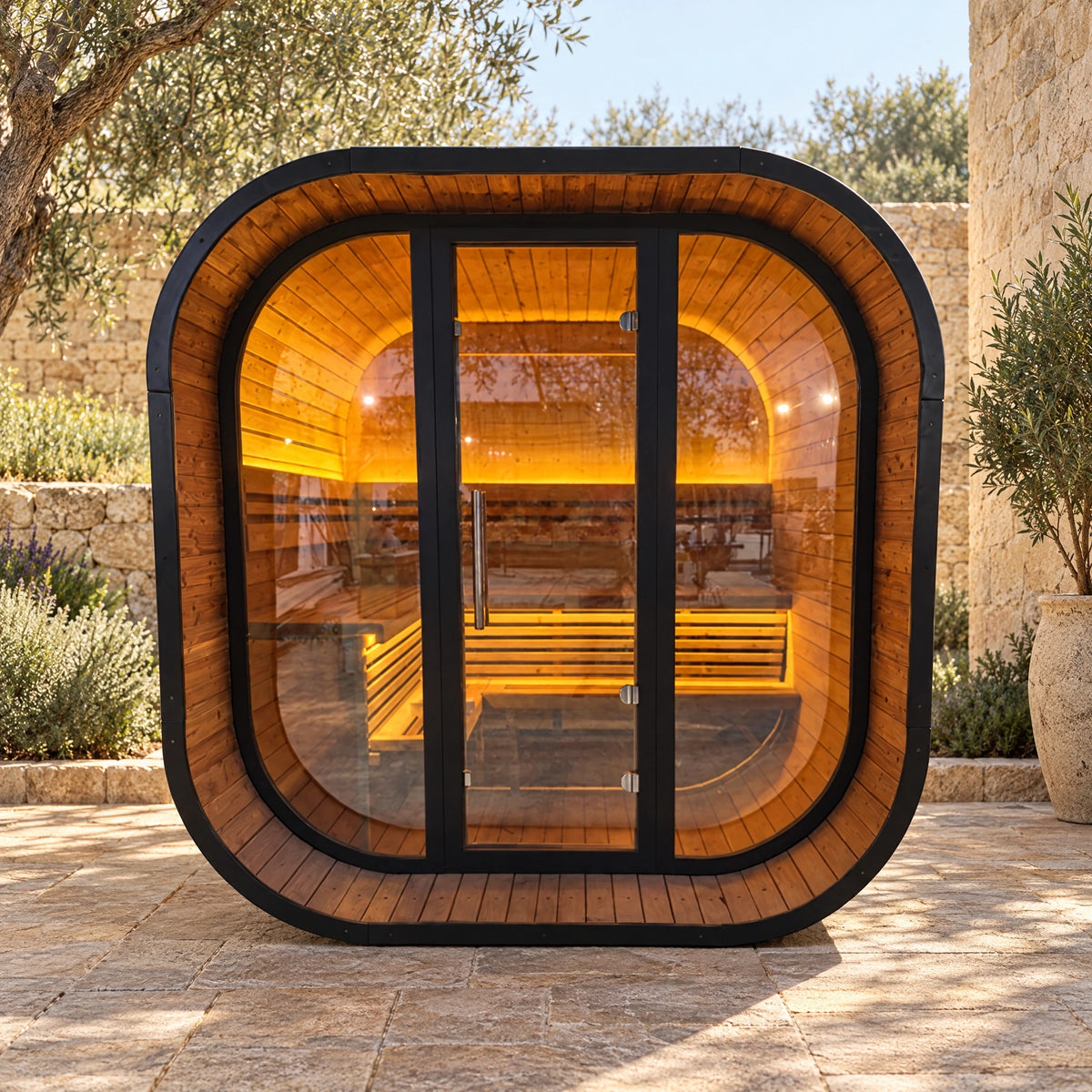 Front view of the outdoor sauna with a rounded-square outline, central glass door and recessed timber surround.