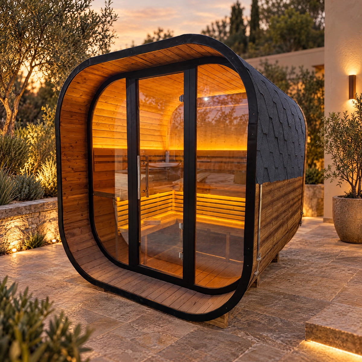 Front-right view of the outdoor sauna showing its dark upper shell, lower timber cladding and glazed front.