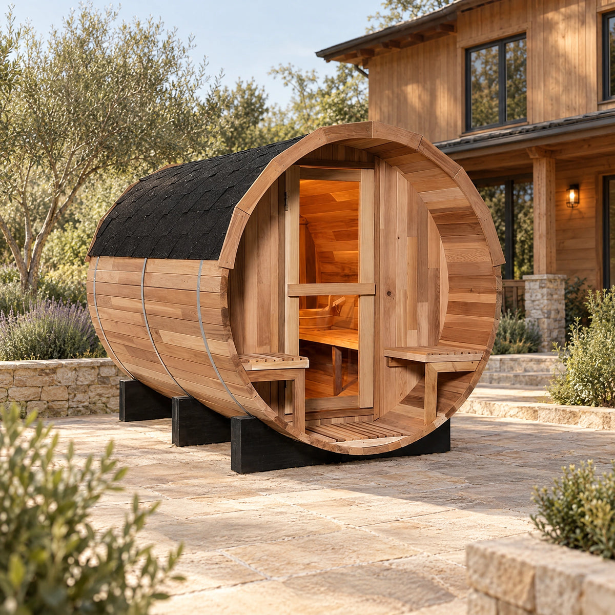 Alternate three-quarter view of the cedar barrel sauna, showing the round shell, porch seating and dark roof.