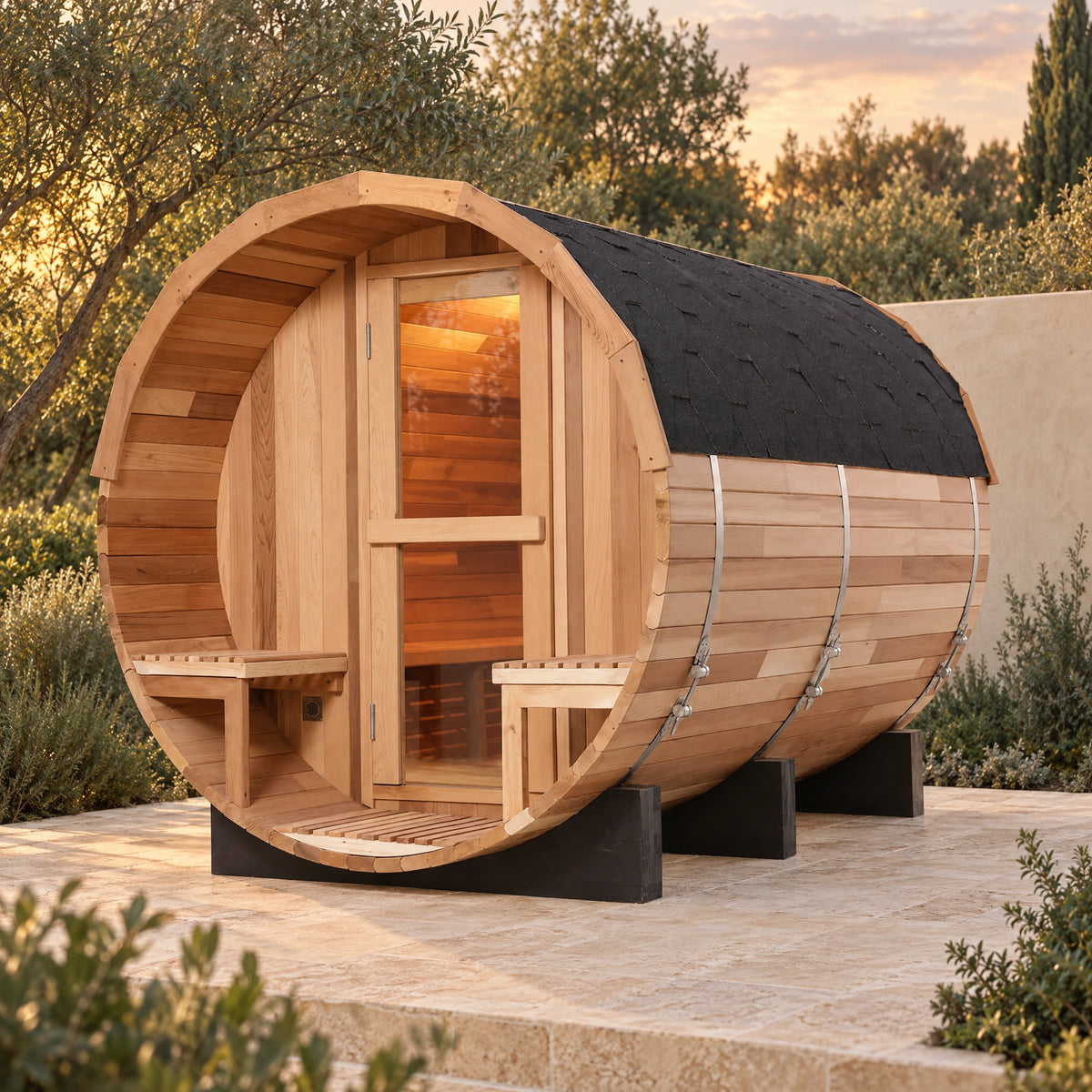 Red cedar barrel sauna with a recessed porch, two exterior seats and a dark curved roof on a stone terrace.