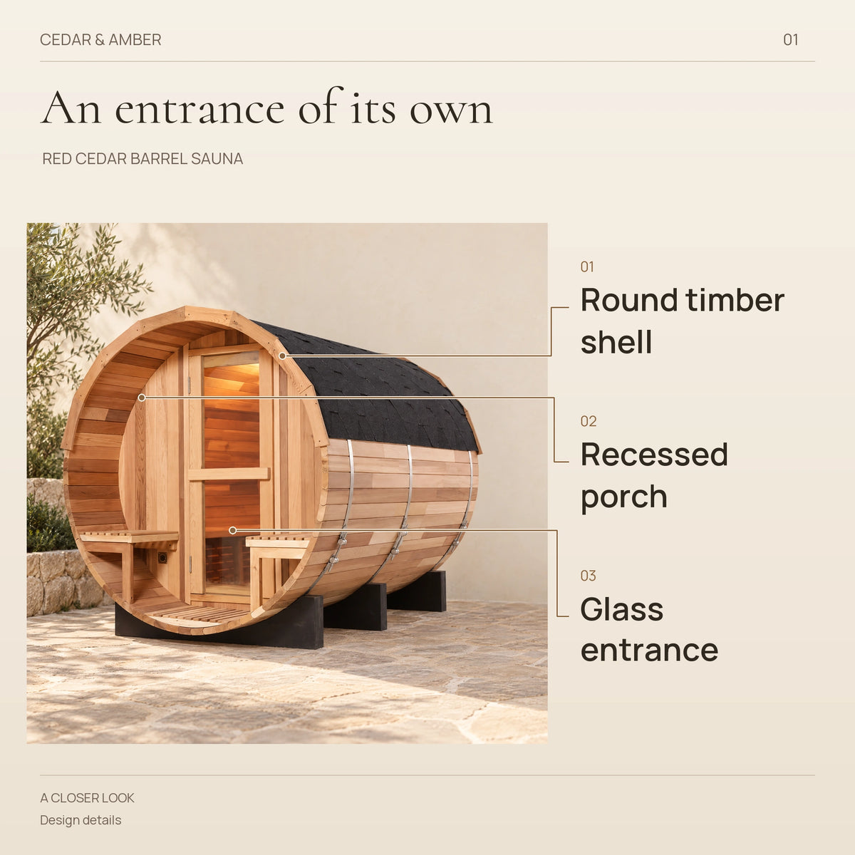 Design callouts identify the round timber shell, recessed porch and glass entrance of the barrel sauna.