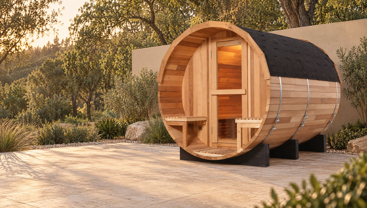 Cedar barrel sauna beside a warm stone terrace at the edge of a quiet garden.