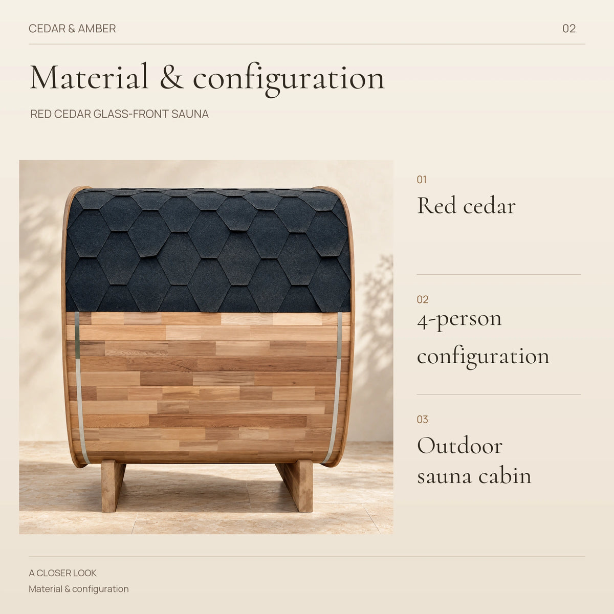 Configuration overview for the red cedar outdoor sauna with its four-person configuration.