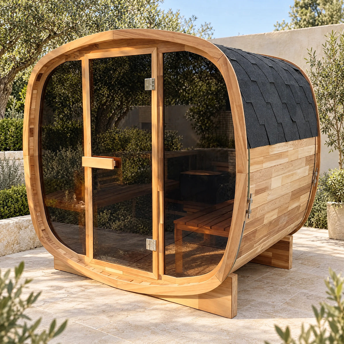 Daylight main view of the red cedar glass-front sauna with its horizontal timber door pull.