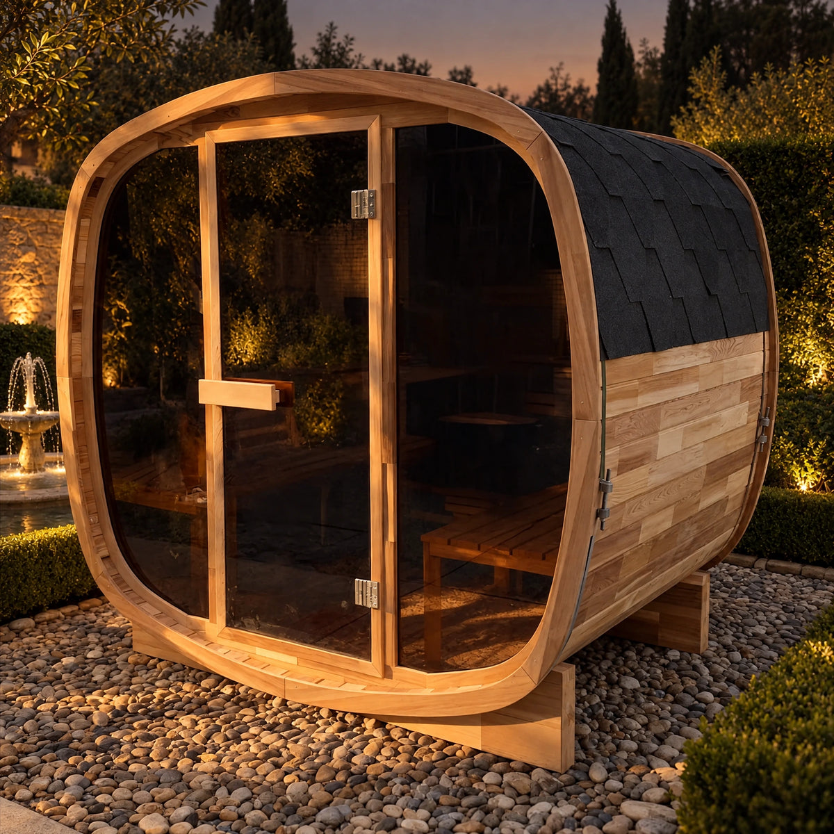Evening garden view of the red cedar sauna with its curved surround and dark reflective front glass.