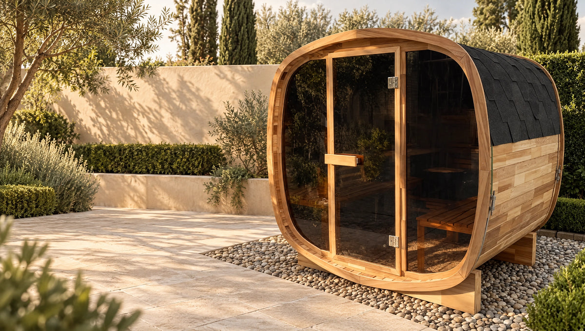 Red cedar glass-front sauna beside a restrained limestone terrace and garden wall.