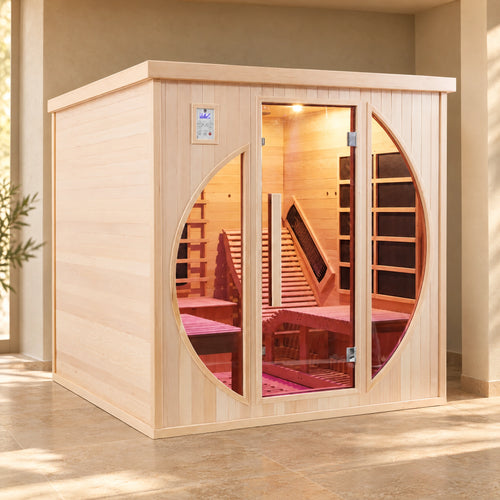 Pale hemlock indoor sauna with curved front glazing, a central door and two slatted lounge seats visible inside.