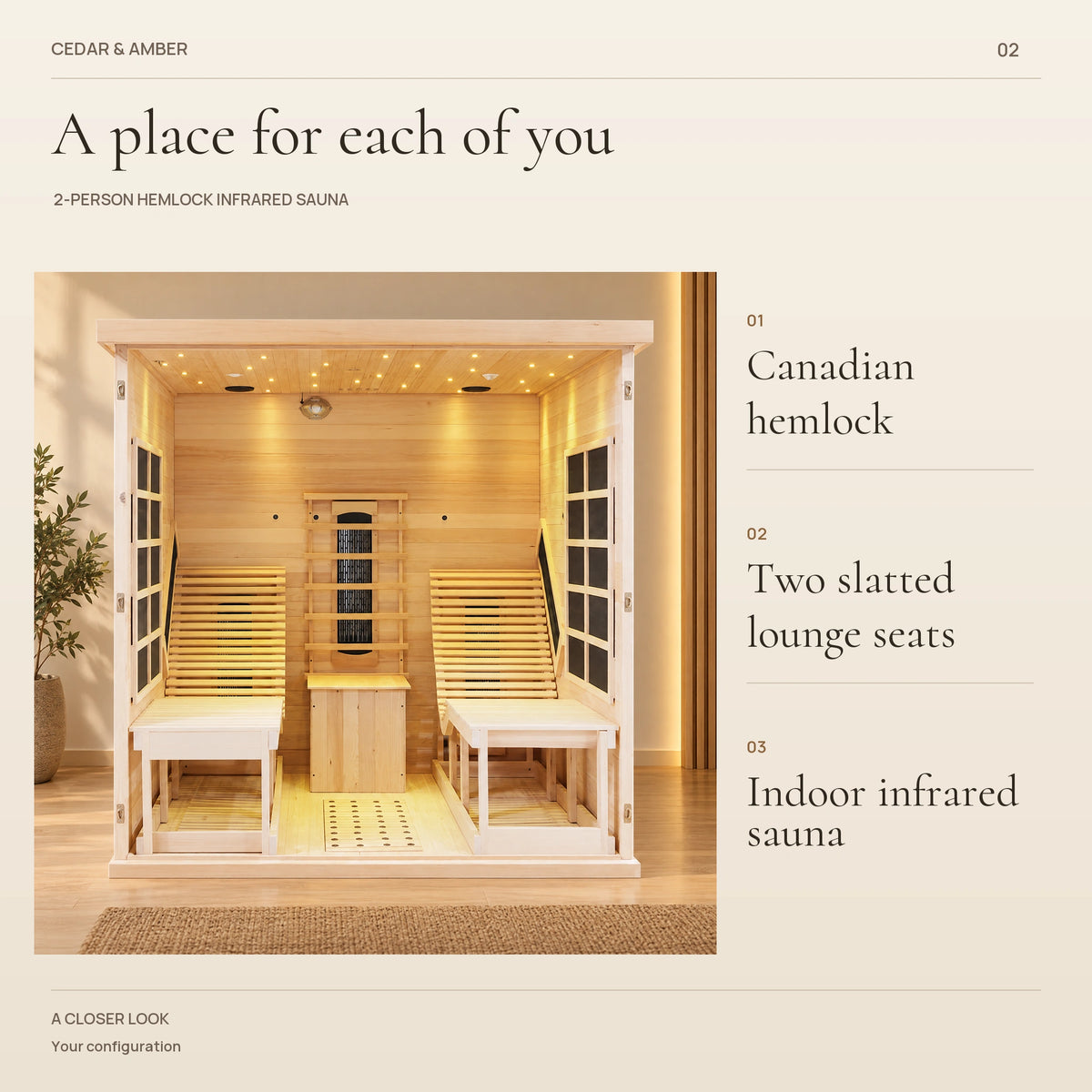 Configuration overview lists Canadian hemlock, two slatted lounge seats and an indoor infrared sauna.