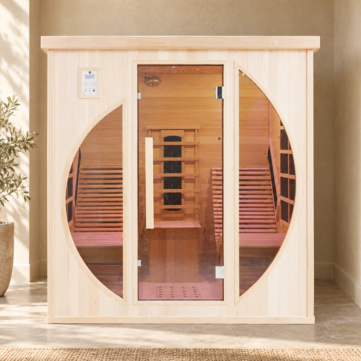 Frontal daylight view of the hemlock sauna with curved panes beside the central glass door.