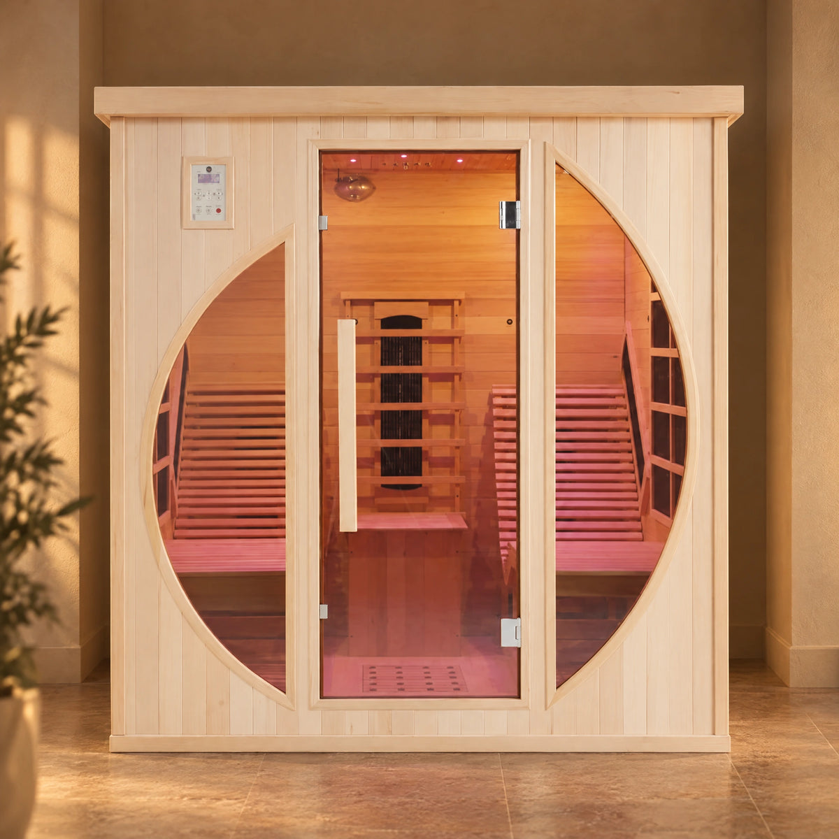 The same curved-glass indoor sauna facade in a softly lit evening room.
