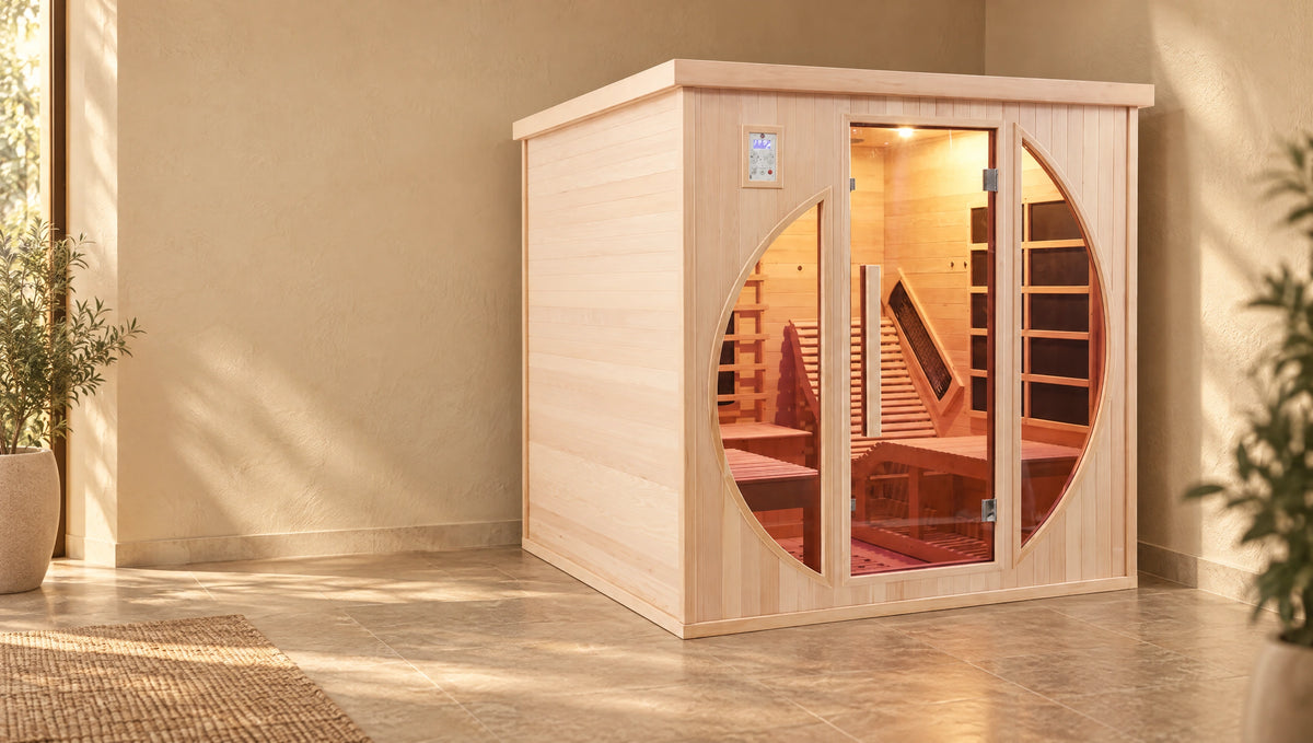 Hemlock sauna in a calm indoor setting beside warm plaster and stone.