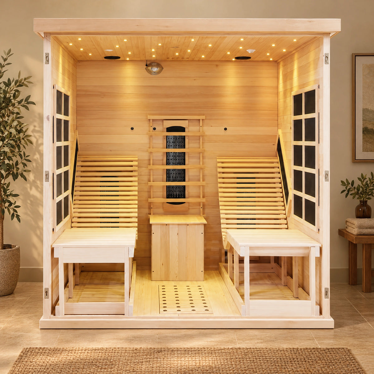 Interior view of two slatted lounge seats, a central timber pedestal and dark side-wall panel grids.