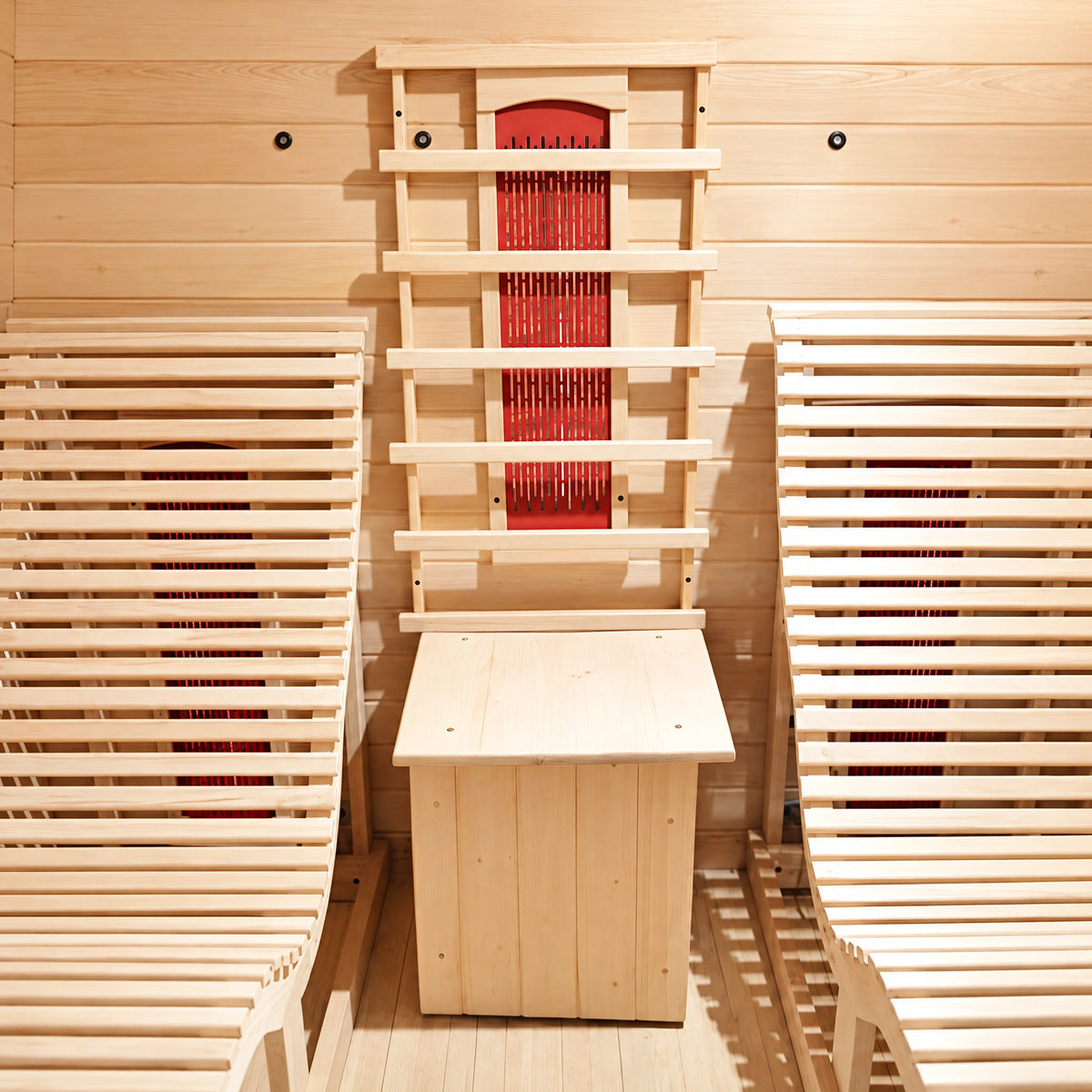 Close detail of slatted lounge seating and the central timber pedestal.